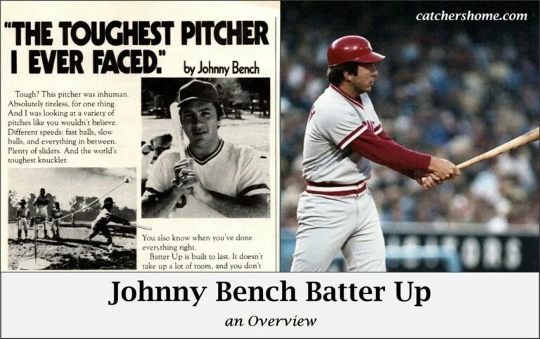 Vintage print advertisement and action photo for the Johnny Bench Batter Up training aid.