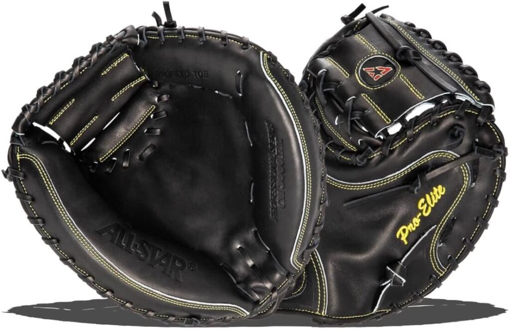 All-Star Pro-Elite Professional Baseball Catching Mitt 34in Black Front&Back