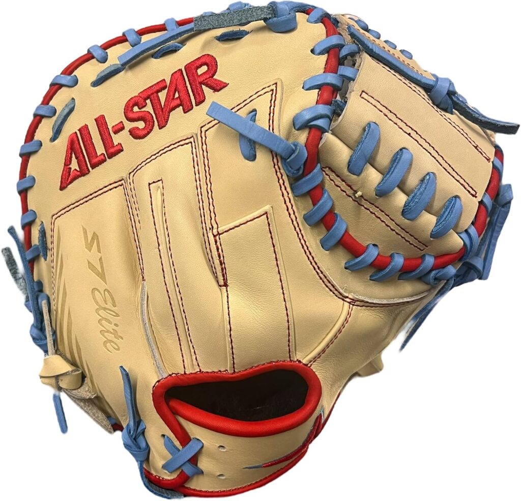 All-Star S7 Elite 33โ Baseball Catcherโs Glove Red-Tan-Blue 33in Back