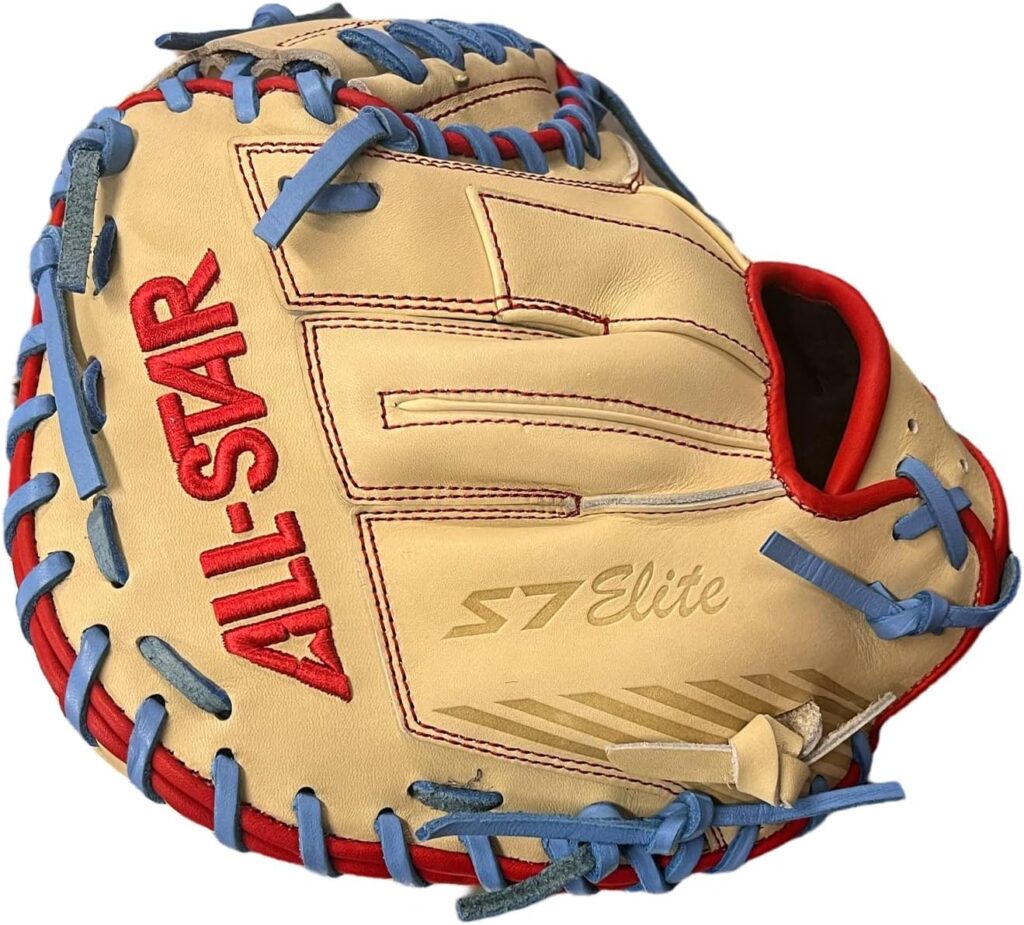 All-Star S7 Elite 33โ Baseball Catcherโs Glove Red-Tan-Blue 33in Back Fingers