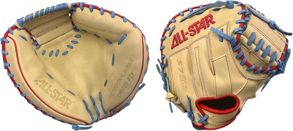 All-Star S7 Elite 33โ Baseball Catcherโs Glove Red-Tan-Blue 33in Front&Back
