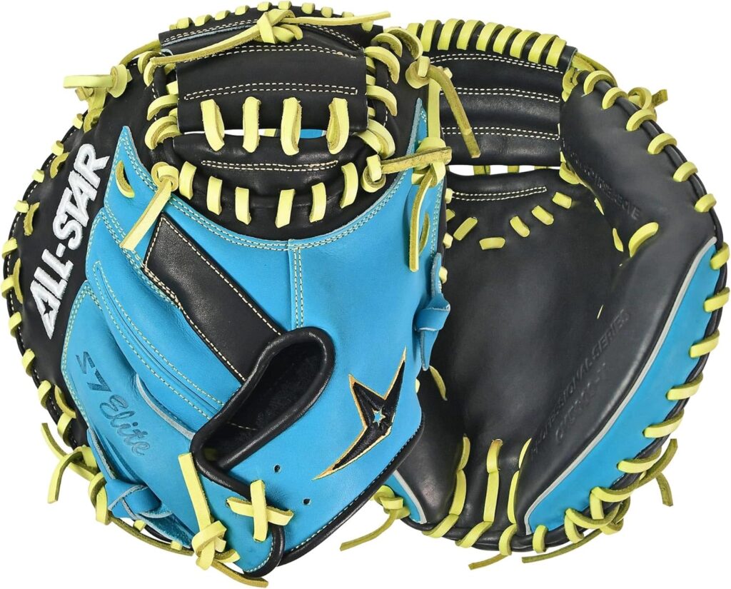 All-Star S7 Elite Pro Travel Baseball Blue-Black-Tan Laces Catcher's Mitt 33in Front&Back