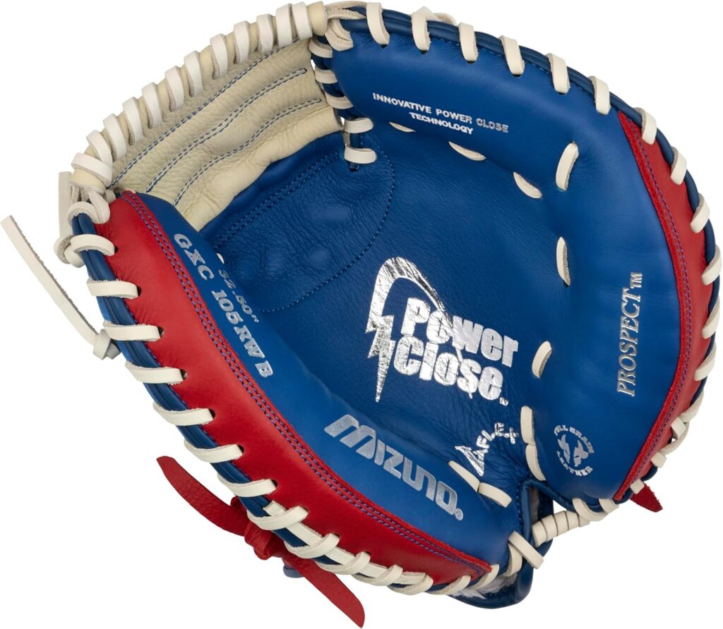 Mizuno Prospect PowerClose Youth Baseball Mitts Red White Blue Front
