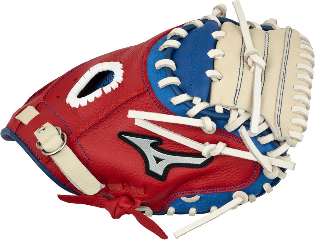 Mizuno Prospect PowerClose Youth Baseball Mitts Red White Blue Thumb