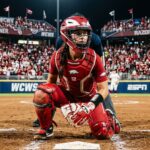 Arkansas catcher, behind the plate during the 2026 Women's College World Series against UCLA.