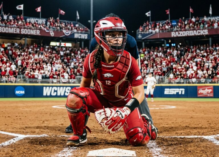Arkansas catcher, behind the plate during the 2026 Women's College World Series against UCLA.