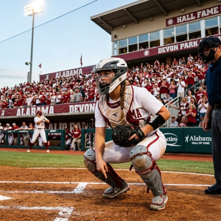 Marlie Giles Alabama catcher at WCWS giving sign to pitcher Devon Park 2026
