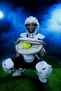 Catcher Framing a Pitch, White Mitt, White Mask, Shin Gaurds, and Pads