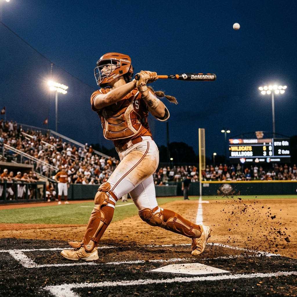 Reese Atwood finishing a powerful swing from behind home plate