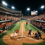 A wide, cinematic shot of a softball stadium at night under bright stadium lights, with a split composition showing players in burnt orange on one side and black and red on the other side, epic sports photography style.