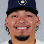 William Contreras, Milwaukee Brewers catcher, framing a pitch at home plate during the 2026 season.