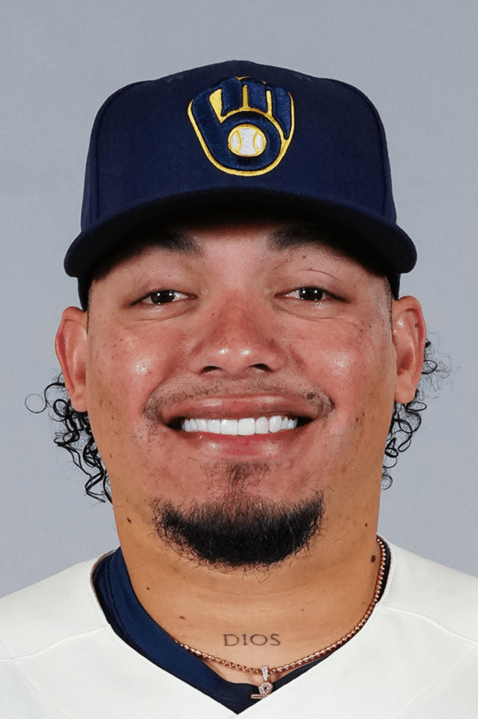 William Contreras, Milwaukee Brewers catcher, framing a pitch at home plate during the 2026 season.