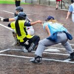 Reese Atwood, Carolina Blaze catcher, in her knee-down stance during the 2026 AUSL season.