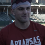 Ryder Helfrick MLB Draft pick Arizona Diamondbacks — Arkansas catcher in full gear behind the plate