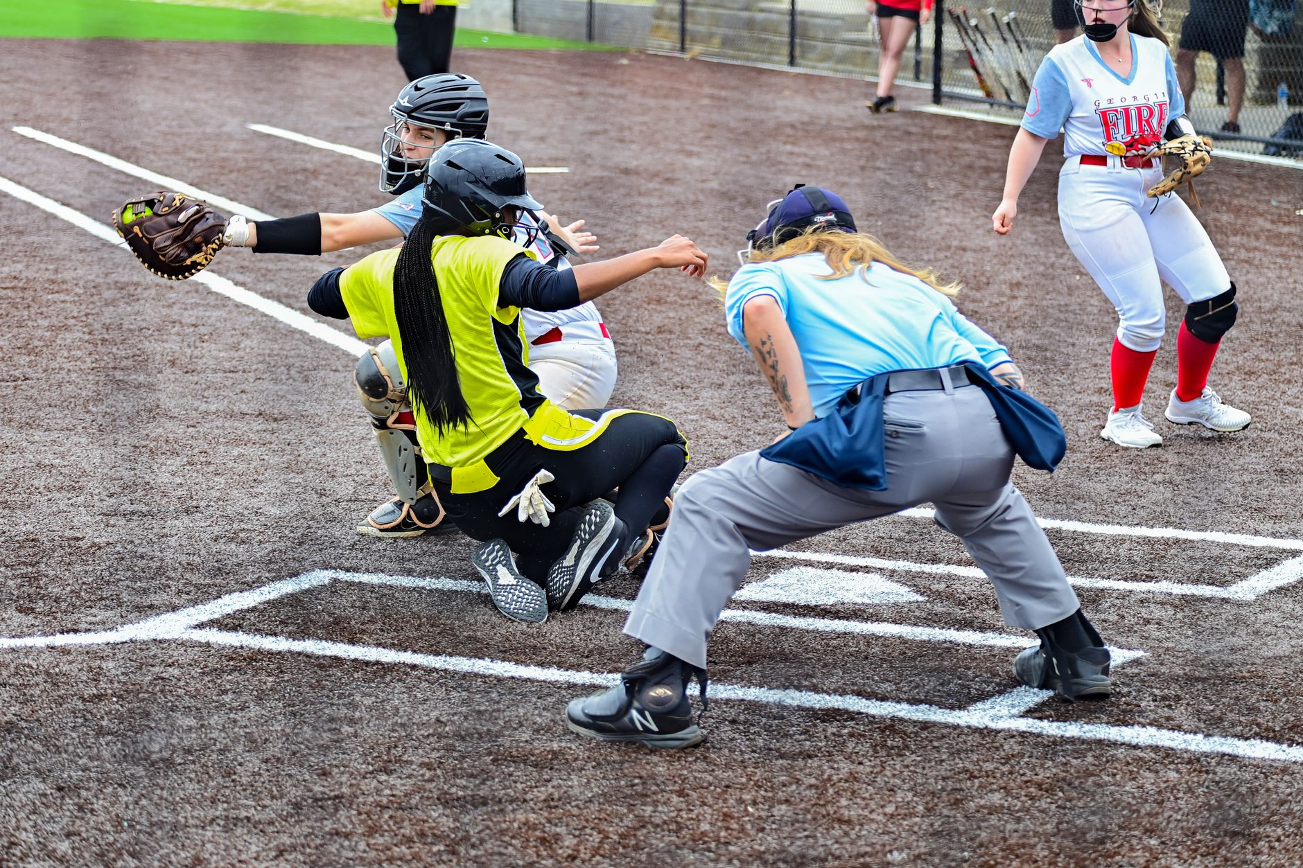Reese Atwood, Carolina Blaze catcher, in her knee-down stance during the 2026 AUSL season.