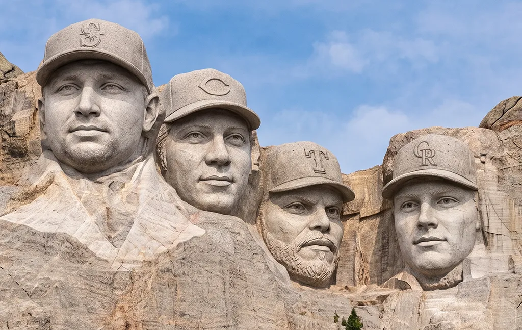 Four HR Kings on Mt Rushmore: Cal Raleigh, Johnny Bench, Ivan Rodriguez, and Hunter Goodman.