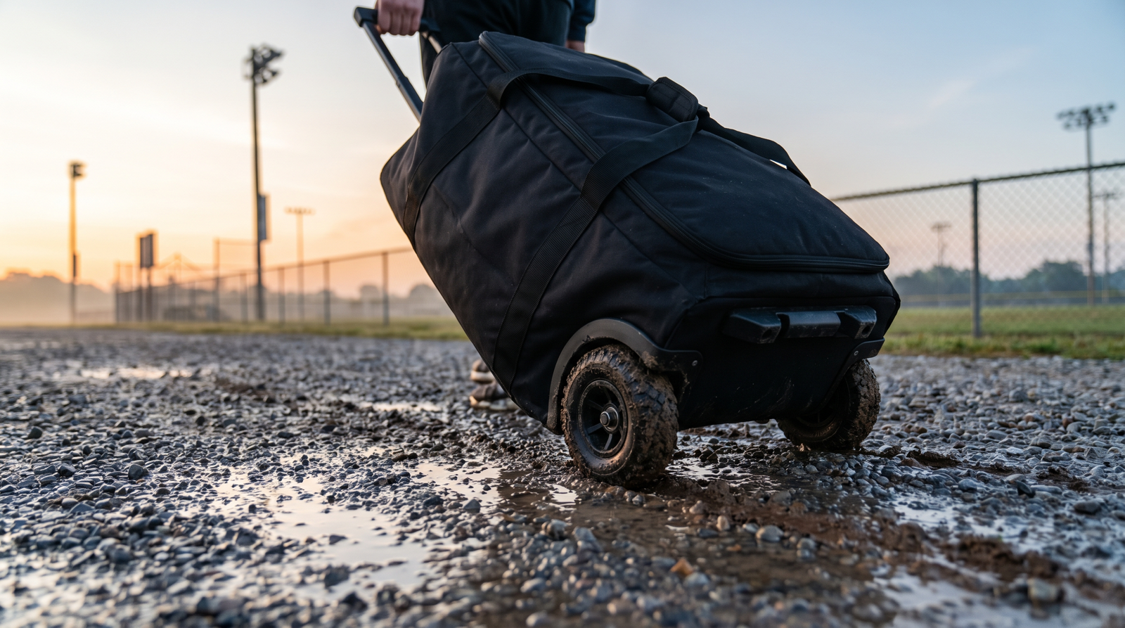A rolling baseball equipment bag being pulled across a wet gravel parking lot at dawn