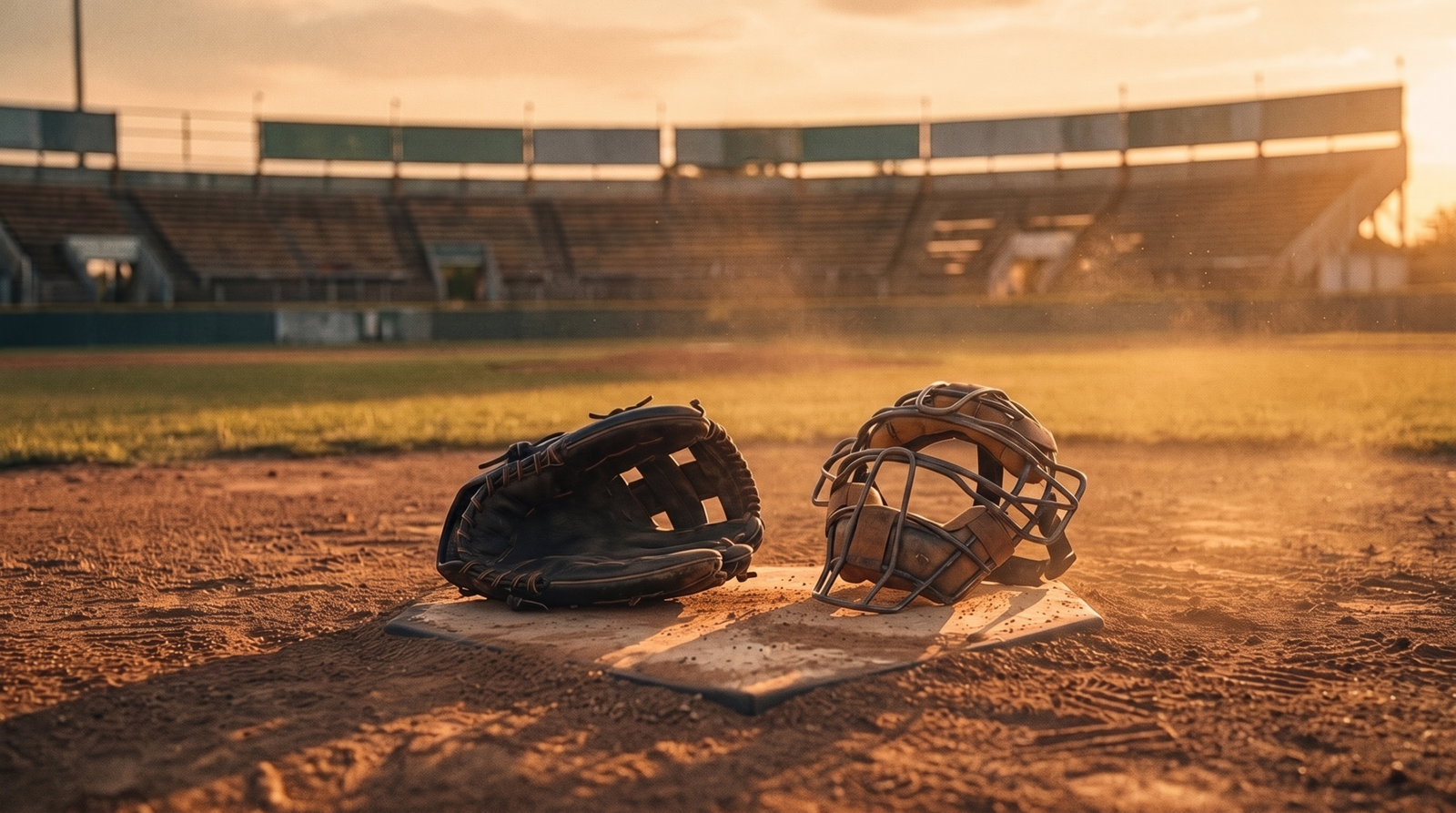 Catchers mitt and mask resting on home plate at golden hour