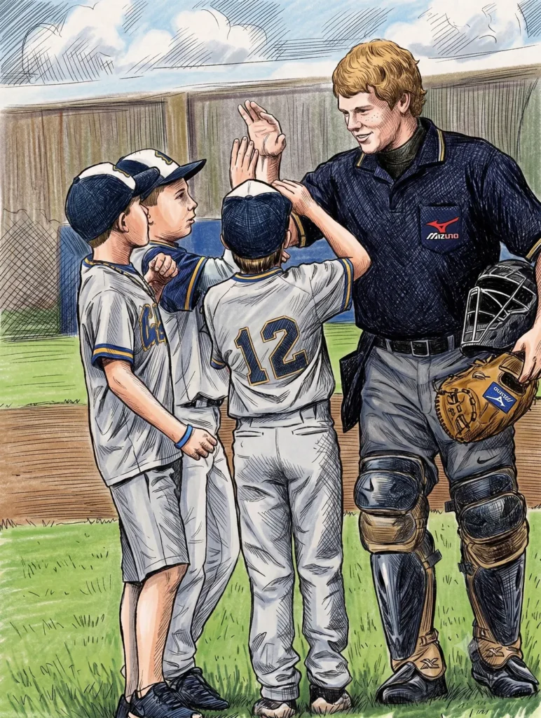 Youth catcher coach high-fiving young baseball players