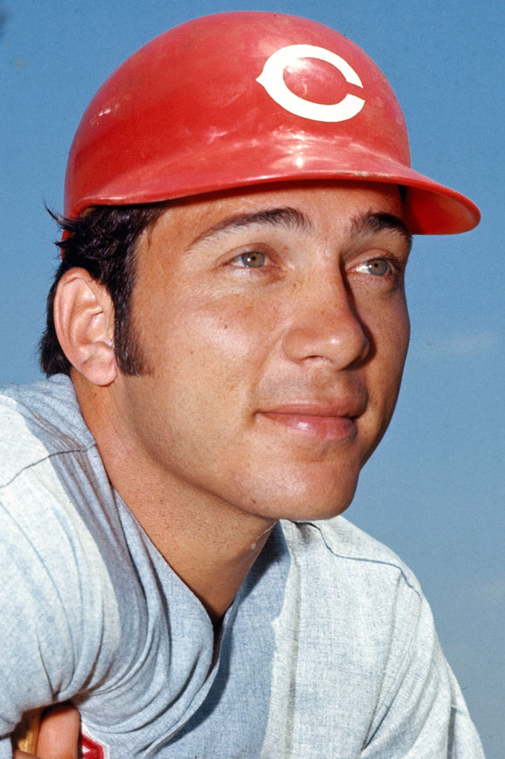 Johnny Bench Award namesake Johnny Bench in Cincinnati Reds batting helmet, 1970s