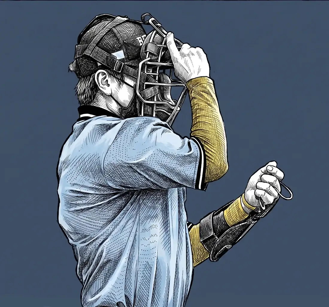 Baseball umpire adjusting his mask