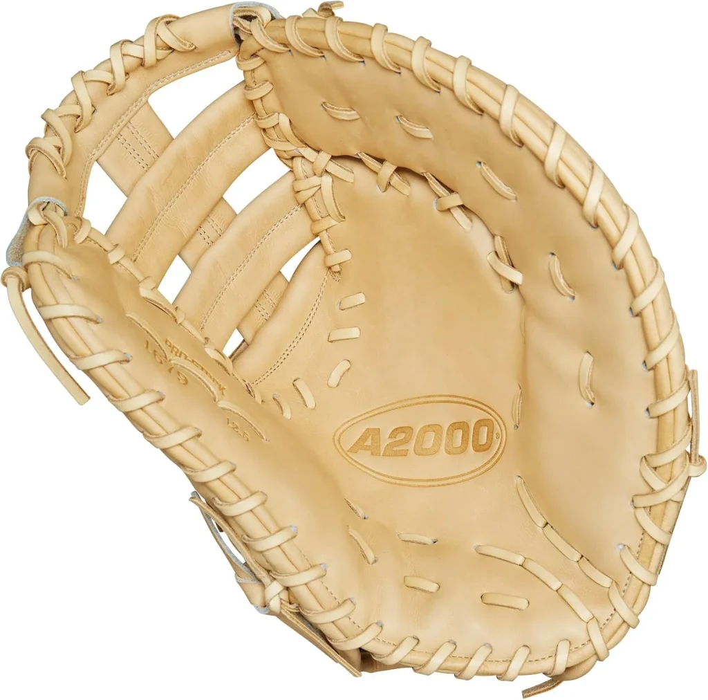 Wilson A2000 1679 first baseman's mitt in blonde leather, 12.5 inches — long and shallow with an open web, and no finger stalls