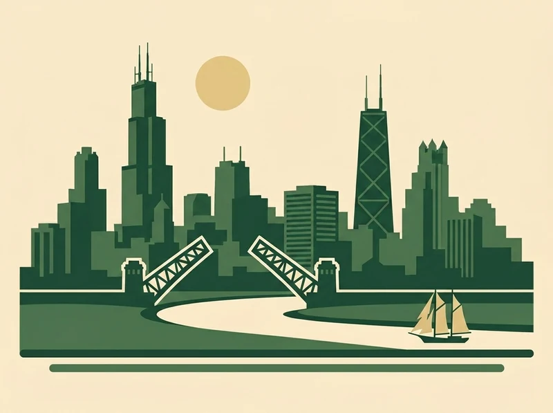 Illustrated Chicago skyline with the river drawbridges and lakefront
