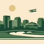 Illustrated Dayton, Ohio skyline with a biplane overhead — Boston Smith's college stop at Wright State