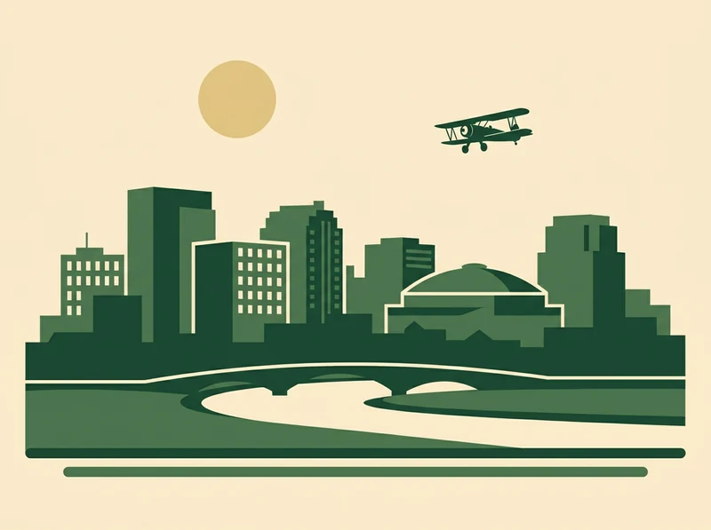 Illustrated Dayton, Ohio skyline with a biplane overhead — Boston Smith's college stop at Wright State