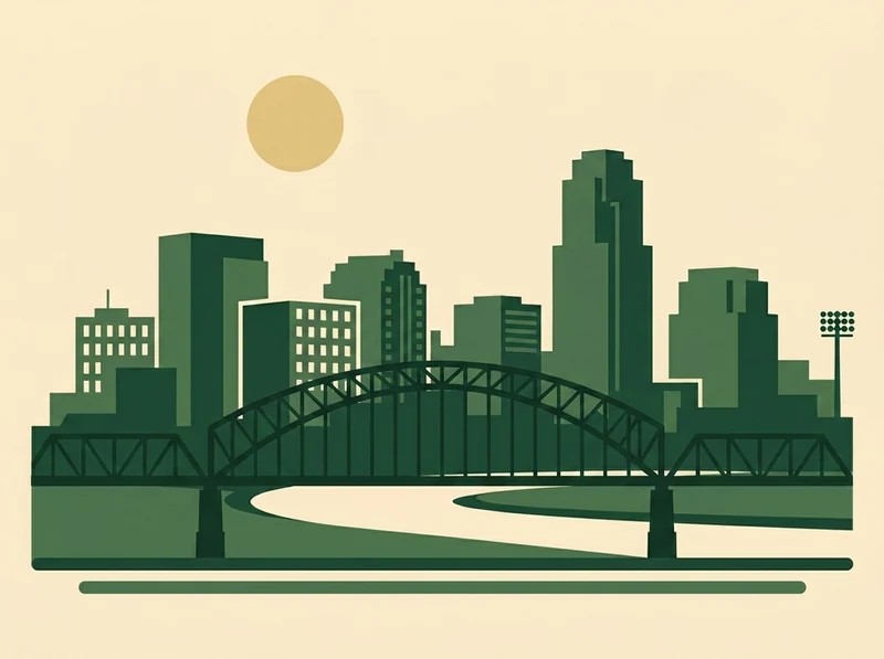 Illustrated Little Rock, Arkansas riverfront skyline with the arch bridge and a ballpark light tower