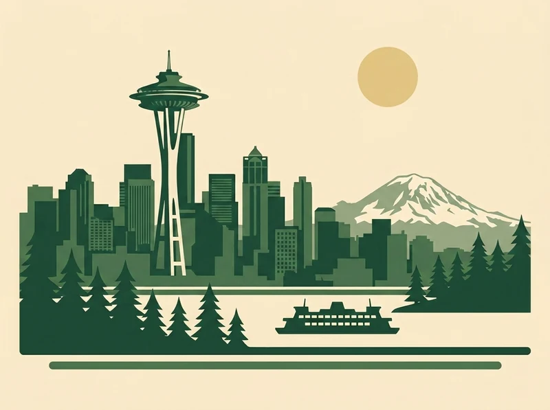 Illustrated Seattle skyline with the Space Needle, a ferry and Mount Rainier