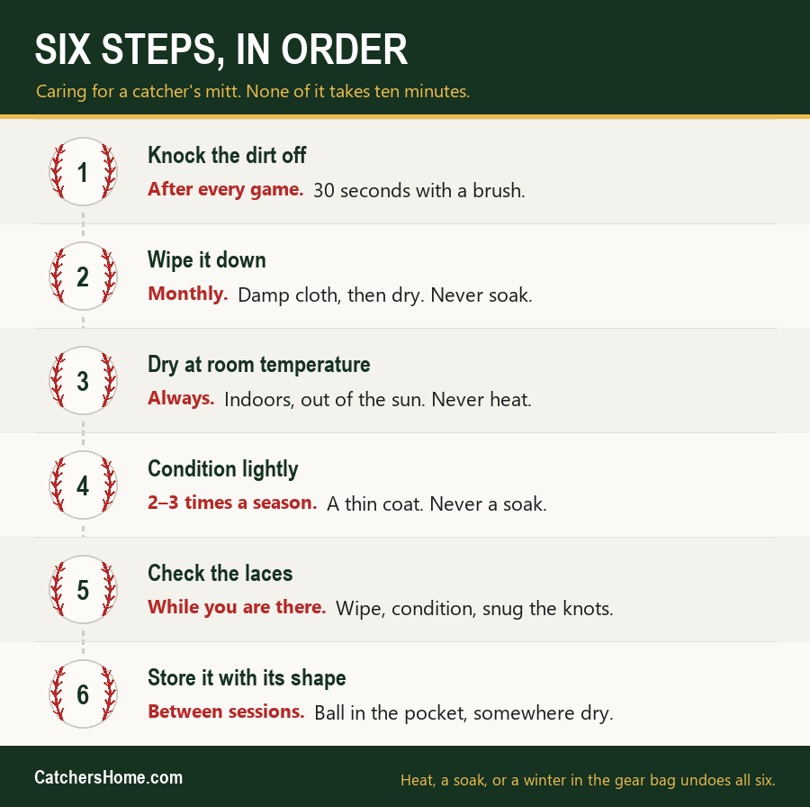 Six-step catcher's mitt care sequence, each step numbered inside a baseball: knock the dirt off after every game, wipe it down monthly, dry at room temperature, condition lightly two to three times a season, check the laces, and store it with a ball in the pocket