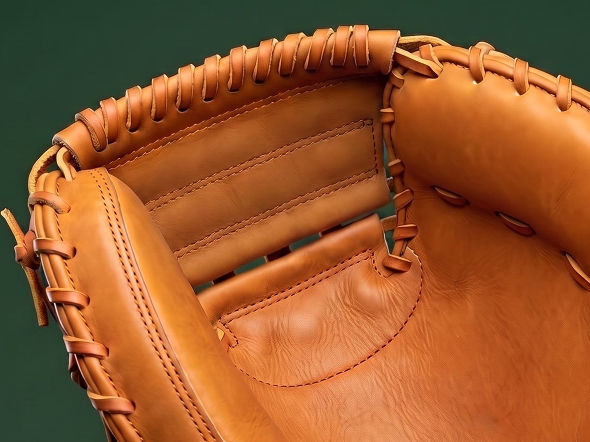 One-piece closed web: one leather panel laced closed with stitched channels across the top of a catcher's mitt (illustrative render)