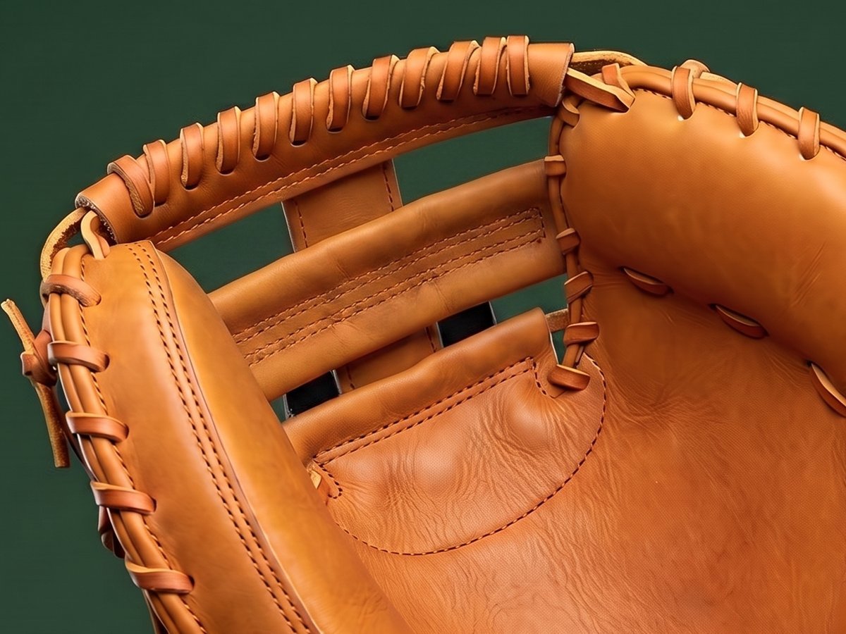 Single post double bar web: a vertical leather post crossed by two horizontal bars on a catcher's mitt (illustrative render)