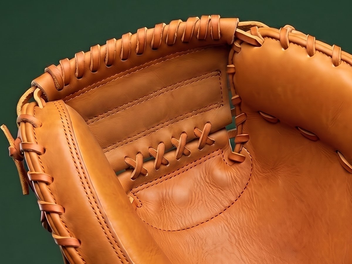 Two-piece closed web: two leather panels joined by a criss-cross laced seam on a catcher's mitt (illustrative render)