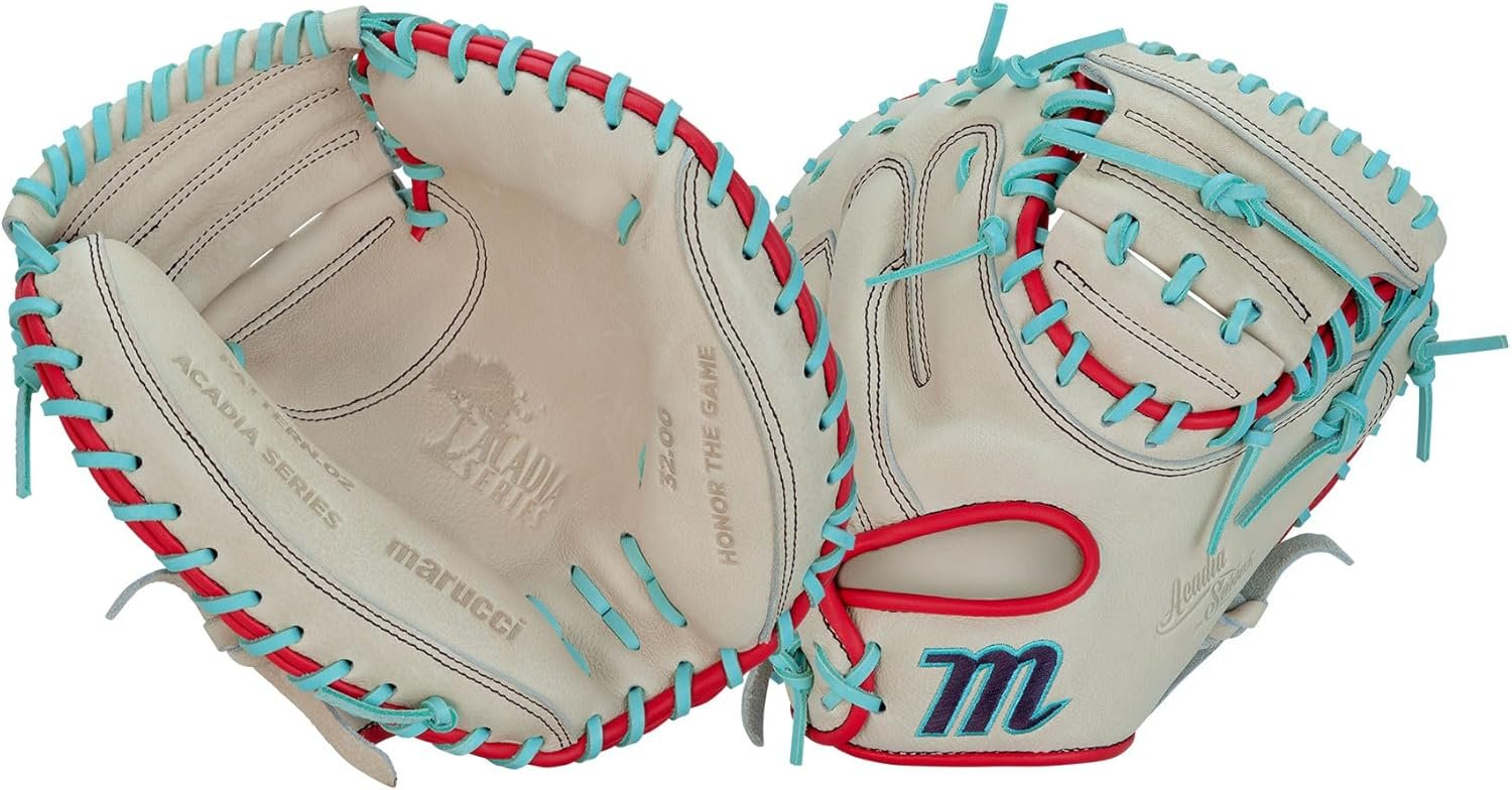 Marucci Acadia catcher's mitt, 32 inch, camel and red — front and back view