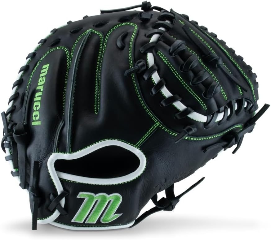 Marucci Krewe V3 32.5-inch youth catcher's mitt in black with neon green stitching