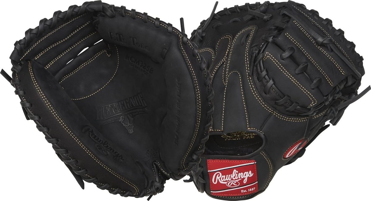 Rawlings Renegade RCM325B 32.5-inch youth catcher's mitt in all black, front and back