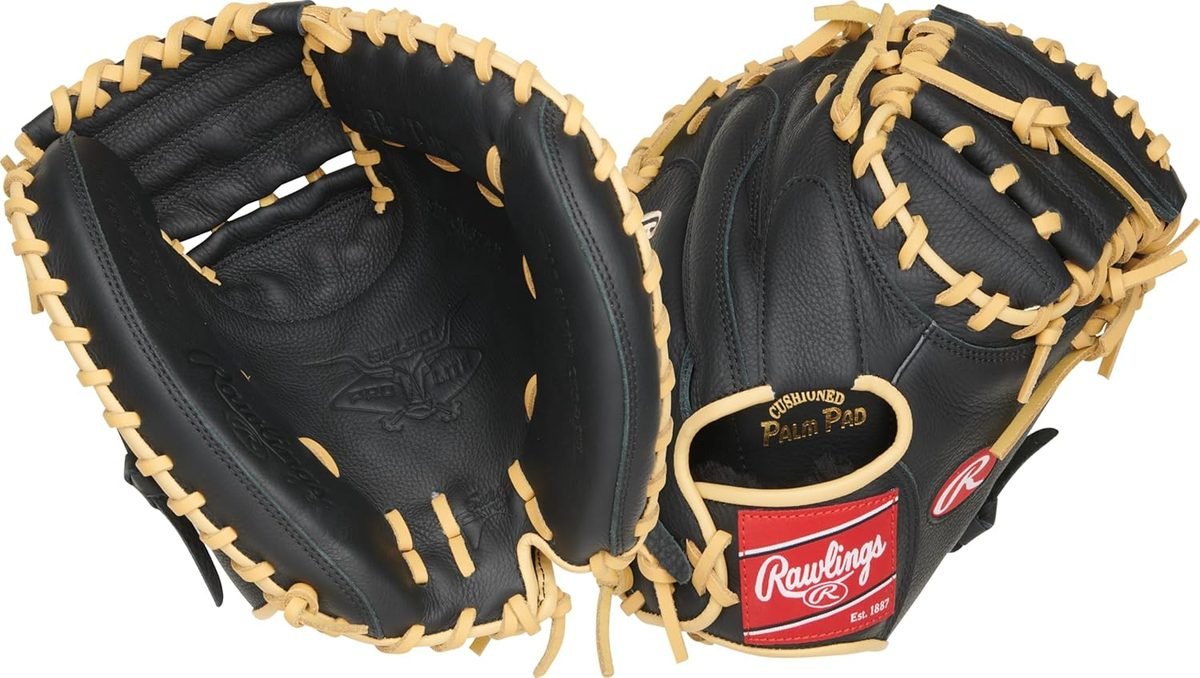 Rawlings Select Pro Lite 32-inch youth catcher's mitt, front and back, black with camel laces