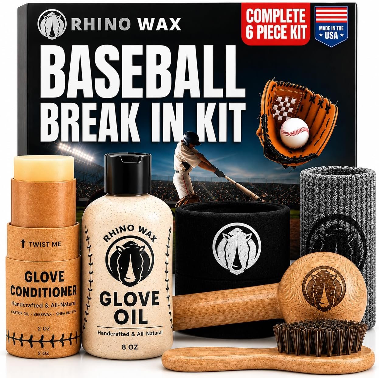 Rhino Wax six-piece baseball glove break-in kit: glove oil, conditioner, mallet, wrap, brush and cloth