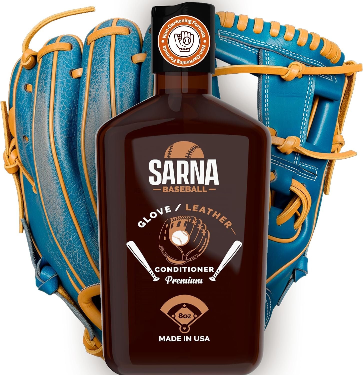 Sarna Baseball liquid glove conditioner, 8 oz bottle with non-darkening formula badge