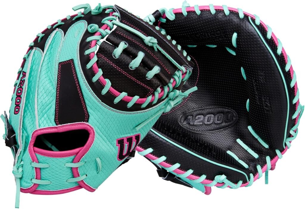 Wilson Spring 2026 A2000 SCM23SS 33.5-inch catcher's mitt in seafoam, black and flamingo, front and back