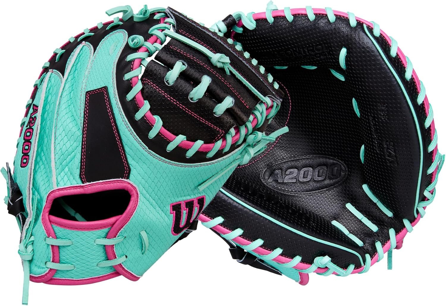 Wilson Spring 2026 A2000 SCM23SS 33.5-inch catcher's mitt in seafoam, black and flamingo, front and back