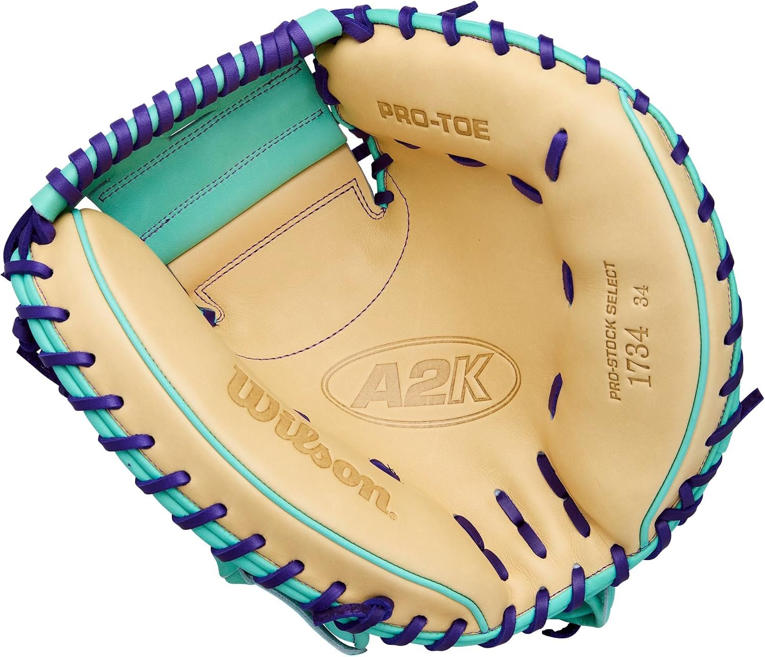 Pocket view of a Wilson A2K 1734 34-inch catcher's mitt