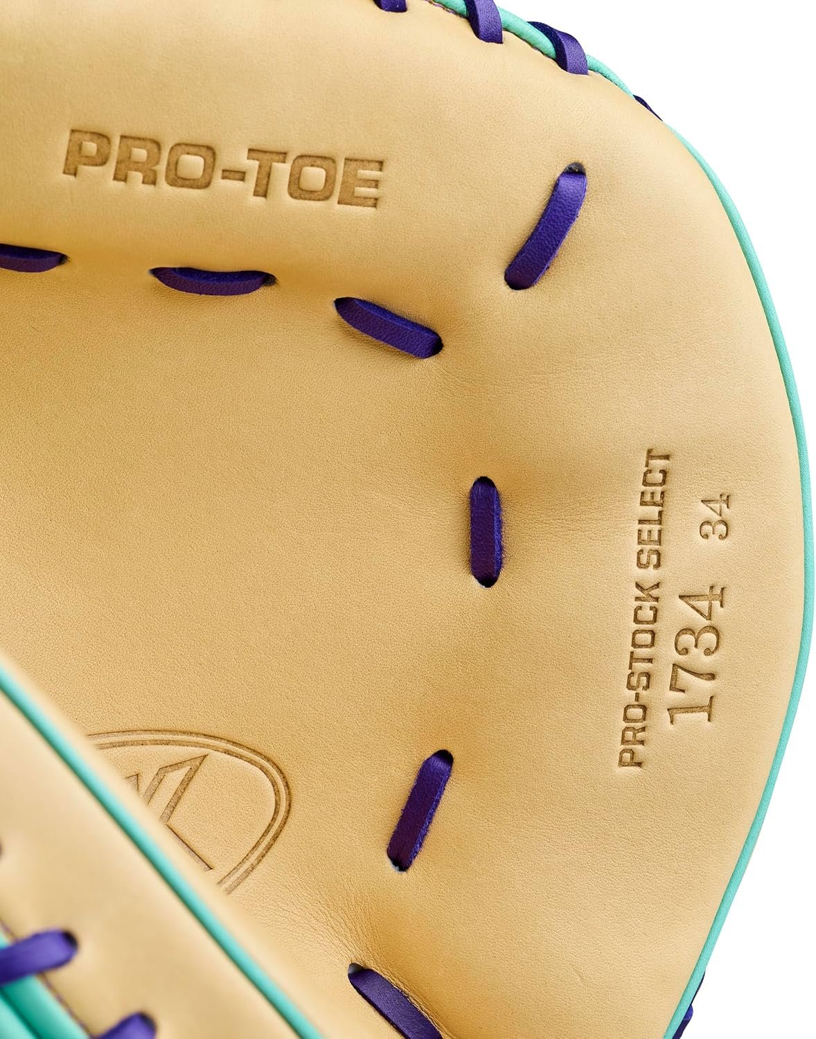 Close-up of the Pro Stock Select stamp and Pro-Toe on a Wilson A2K 1734 catcher's mitt