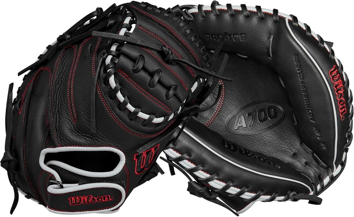 Wilson A700 32.5-inch youth catcher's mitt with Pedroia Fit, black with red and white trim
