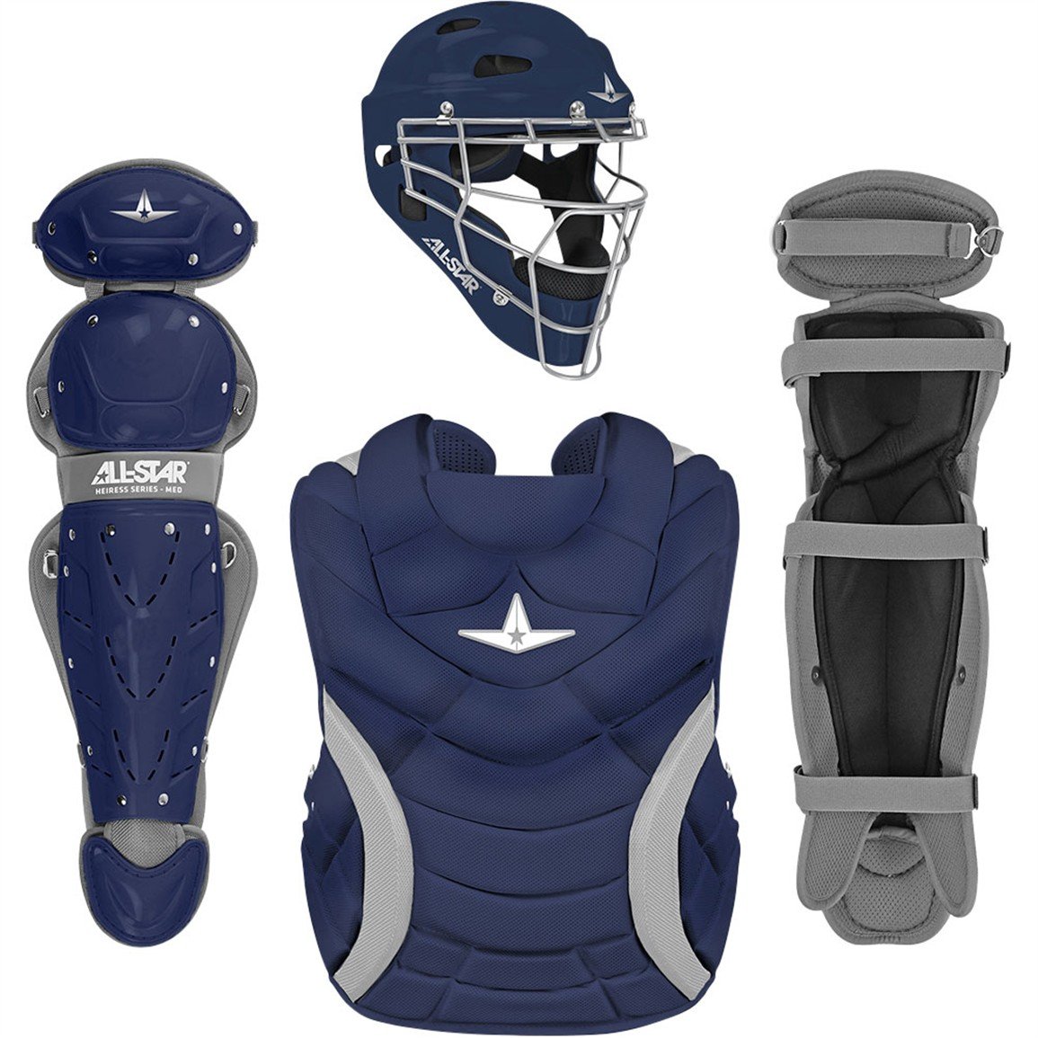 All-Star Heiress adult fastpitch catcher's set: leg guards, helmet and chest protector in navy (Play Baseball product photo)