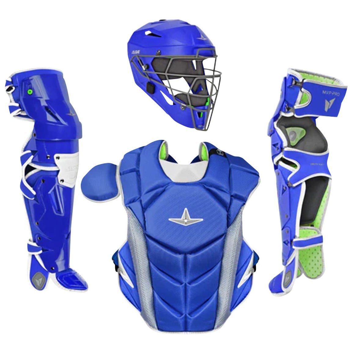 All-Star MVP-Pro LT intermediate catcher's set: helmet, chest protector and leg guards in royal blue (Play Baseball product photo)