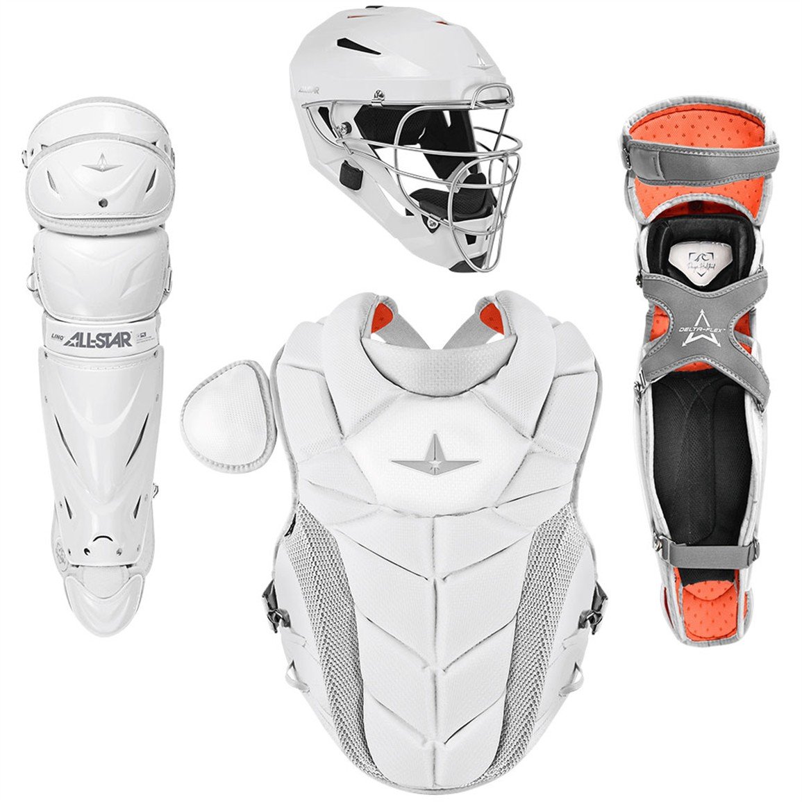 All-Star PHX Paige Halstead fastpitch catcher's set: leg guards, helmet and chest protector in white (Play Baseball product photo)