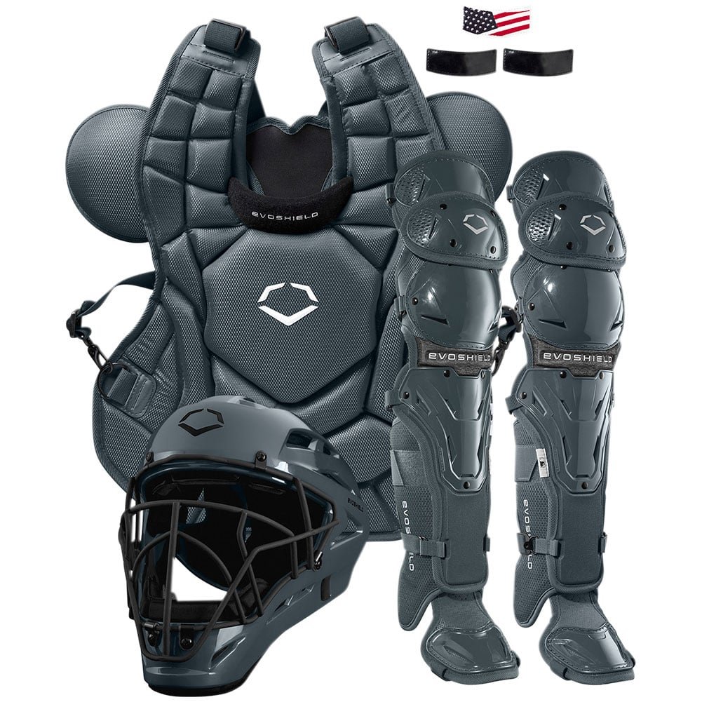 EvoShield G2S intermediate baseball catcher's set: chest protector, helmet and leg guards in charcoal (Play Baseball product photo)